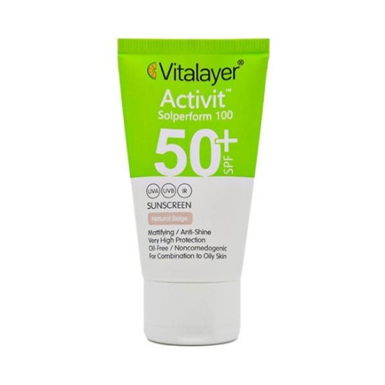 کرم ضد آفتاب ویتالیر مدل اکتی ویت پوست چرب بژ طبیعی SPF50